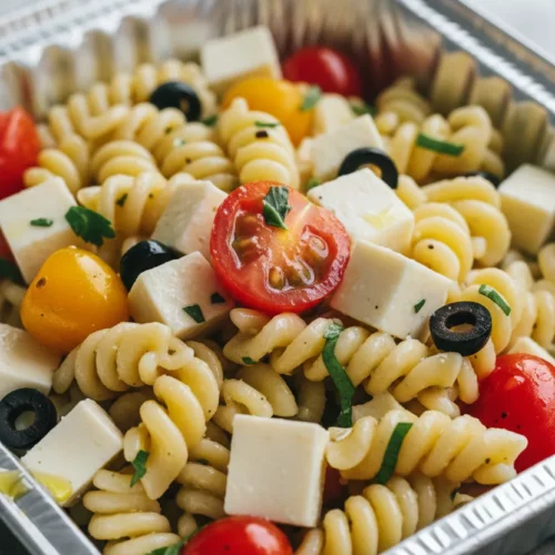 High-angle shot of a vibrant pasta salad served in a disposable aluminum foil pan, featuring pasta spirals, diced cheese, halved cherry tomatoes, and sliced black olives, perfect for a party.