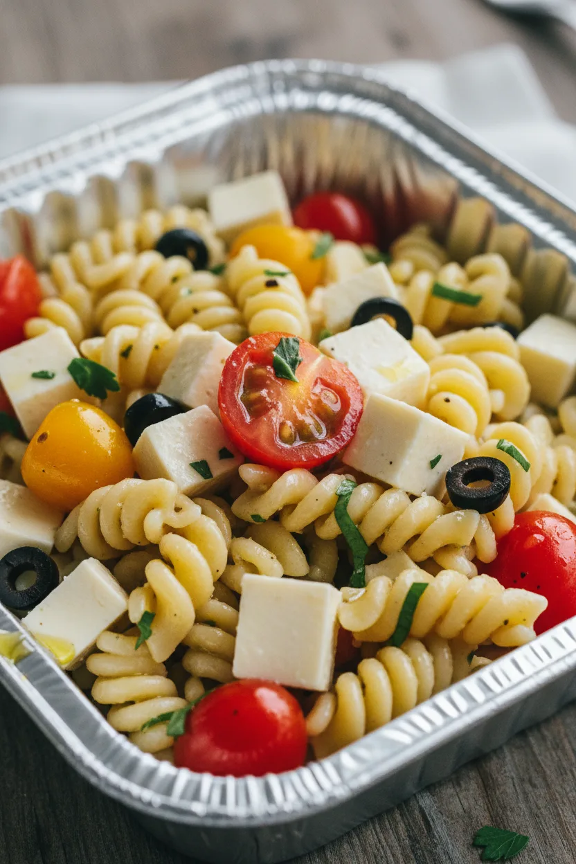 High-angle shot of a vibrant pasta salad served in a disposable aluminum foil pan, featuring pasta spirals, diced cheese, halved cherry tomatoes, and sliced black olives, perfect for a party.