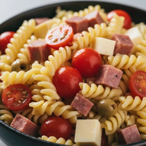 A vibrant pasta salad featuring fusilli pasta, plump cherry tomatoes, cubed beef pepperoni, glistening olives, and cheese cubes, presented in a dark bowl on a light gray surface. This Pasta Salad with Beef Pepperoni has a bright and appetizing aesthetic.