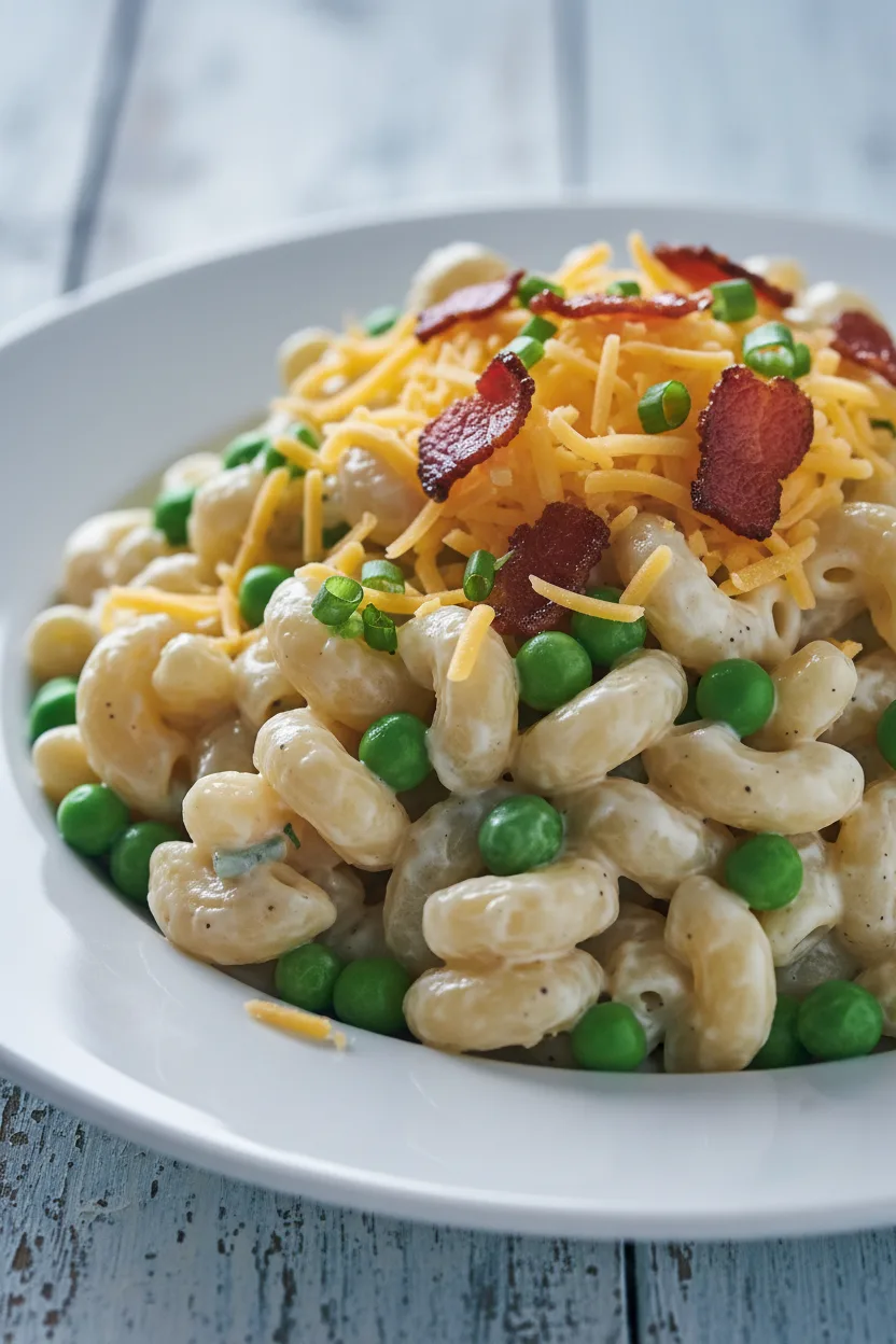 A close-up of pasta salad with peas and cheddar cheese. The macaroni shells are coated in a creamy sauce, topped with shredded cheddar, bacon bits, and chopped green onions, served on a white plate with a weathered blue wooden background.