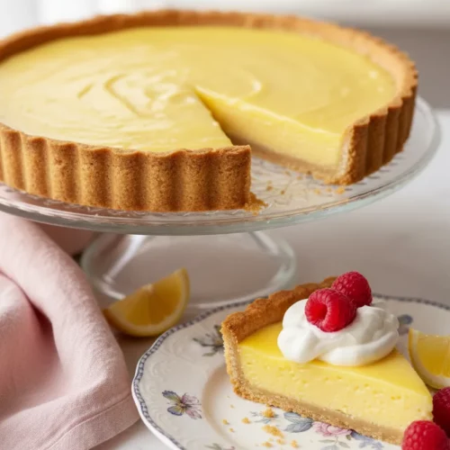A whole perfect lemon tart on a glass cake stand and a slice of the tart on a vintage floral plate, garnished with lemon wedges and whipped cream. The tart has a golden crust and smooth, vibrant yellow filling.
