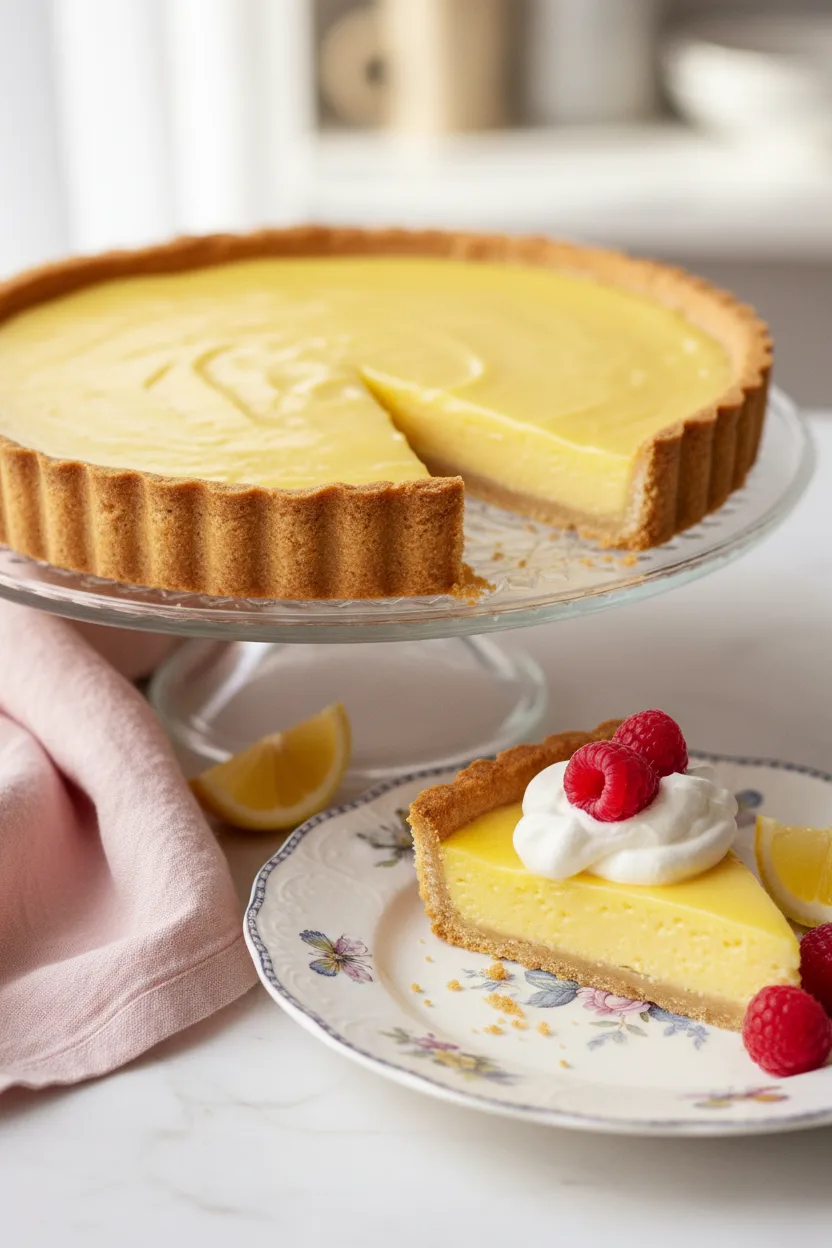 A whole perfect lemon tart on a glass cake stand and a slice of the tart on a vintage floral plate, garnished with lemon wedges and whipped cream. The tart has a golden crust and smooth, vibrant yellow filling.
