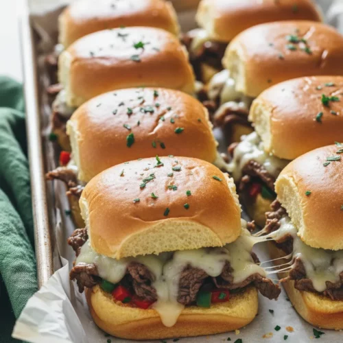 A close-up, high-key photograph of golden-brown Philly Cheesesteak sliders on a rustic baking tray. The sliders are generously filled with thinly sliced, moist beef and melted, gooey cheese, garnished with fresh parsley. Some diced red and green bell peppers are visible in the filling. The soft slider buns show a subtle golden crust.