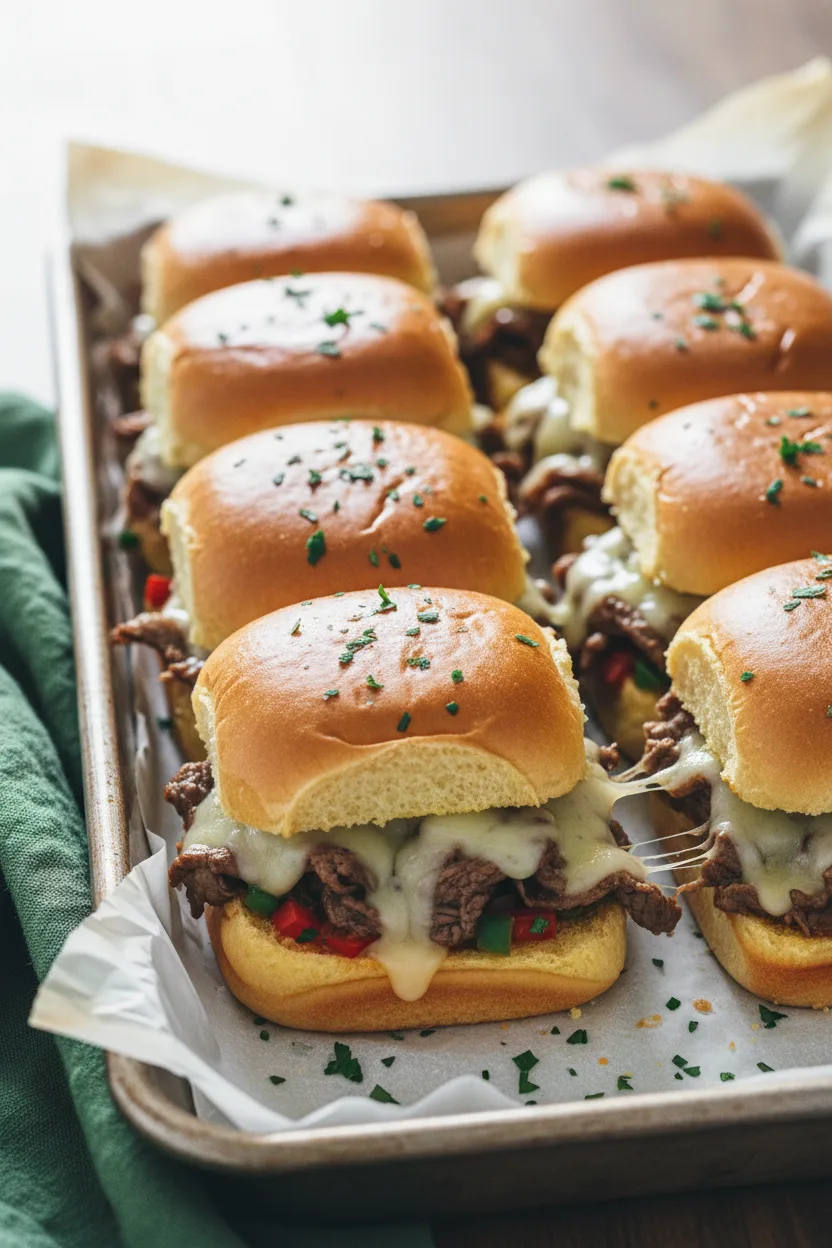 A close-up, high-key photograph of golden-brown Philly Cheesesteak sliders on a rustic baking tray. The sliders are generously filled with thinly sliced, moist beef and melted, gooey cheese, garnished with fresh parsley. Some diced red and green bell peppers are visible in the filling. The soft slider buns show a subtle golden crust.