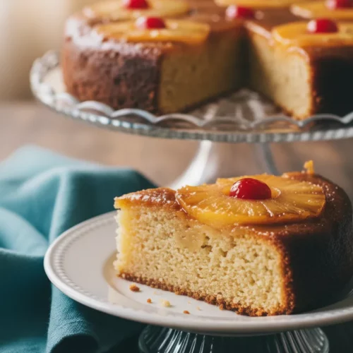 A close-up, editorial food photograph of a moist, golden Pineapple Upside Down Cake slice on a white ceramic plate. The glossy pineapple ring on top is perfectly caramelized, with a plump maraschino cherry nestled in its center. The cake's fine crumb is visible, hinting at its tender texture. The slice rests on a clear glass cake stand on a dark wooden surface, with a teal blue napkin partially visible.