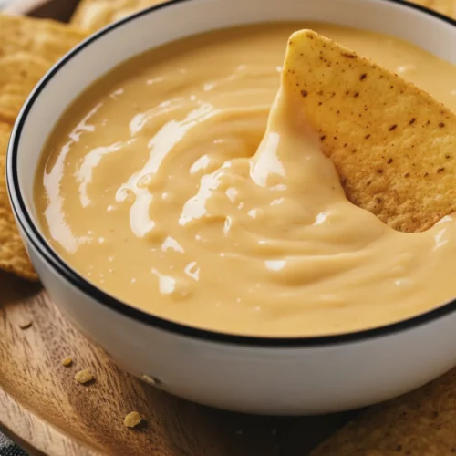 A bowl of creamy Queso Blanco Dip with a tortilla chip being dipped into it. Golden tortilla chips are scattered in the background.