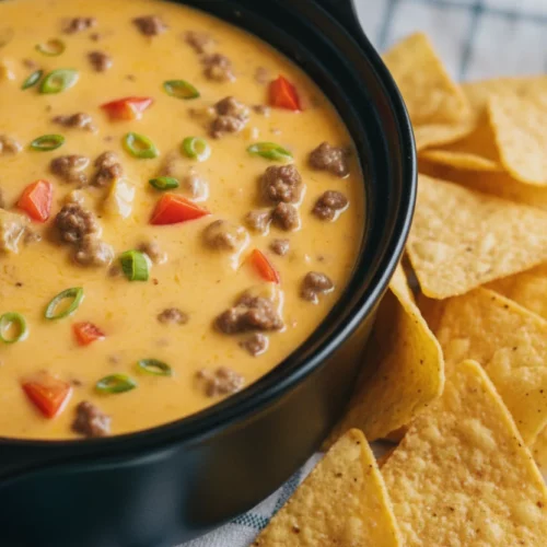 A crockpot filled with Queso Fundido with Beef Sausage, featuring melted cheese, browned ground beef, diced red bell peppers, and sliced scallions. Golden tortilla chips surround the dip on a white and light blue checkered linen napkin.