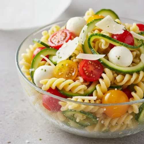 A vibrant and appetizing quick & easy pasta salad in a clear glass bowl. The salad features spiral pasta, thinly sliced zucchini, halved cherry tomatoes, mozzarella balls, shaved parmesan, and a light coating of olive oil. The lighting is bright and the ingredients look fresh and appealing.