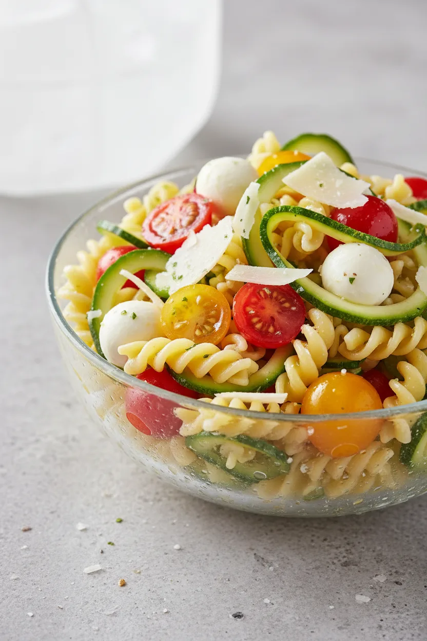 A vibrant and appetizing quick & easy pasta salad in a clear glass bowl. The salad features spiral pasta, thinly sliced zucchini, halved cherry tomatoes, mozzarella balls, shaved parmesan, and a light coating of olive oil. The lighting is bright and the ingredients look fresh and appealing.