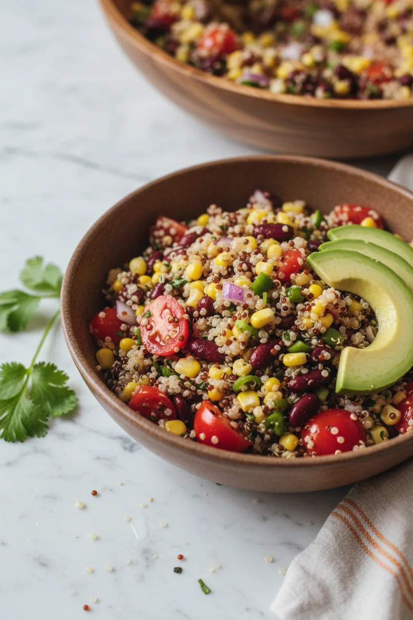 A vibrant quinoa and black bean salad served in a rustic brown bowl, featuring distinct grains of quinoa, chopped red tomatoes, yellow corn, red onion, dark kidney beans, and smooth avocado slices, with fresh cilantro and a fork. The salad is presented on a white marble surface with soft, diffused lighting.
