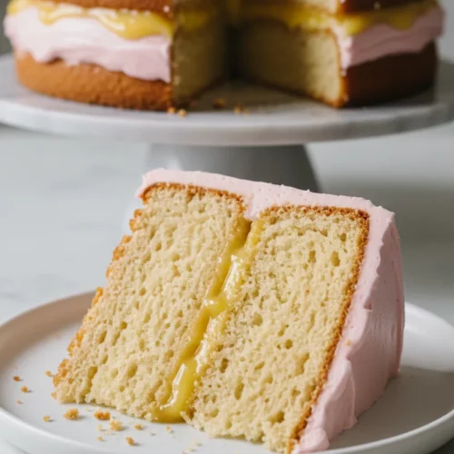 A slice of homemade Raspberry Lemonade Cake with visible layers of sponge and a creamy filling, resting on a white plate. The cake has a slightly coarse texture and a delicate crumb, with a pink frosting accent.