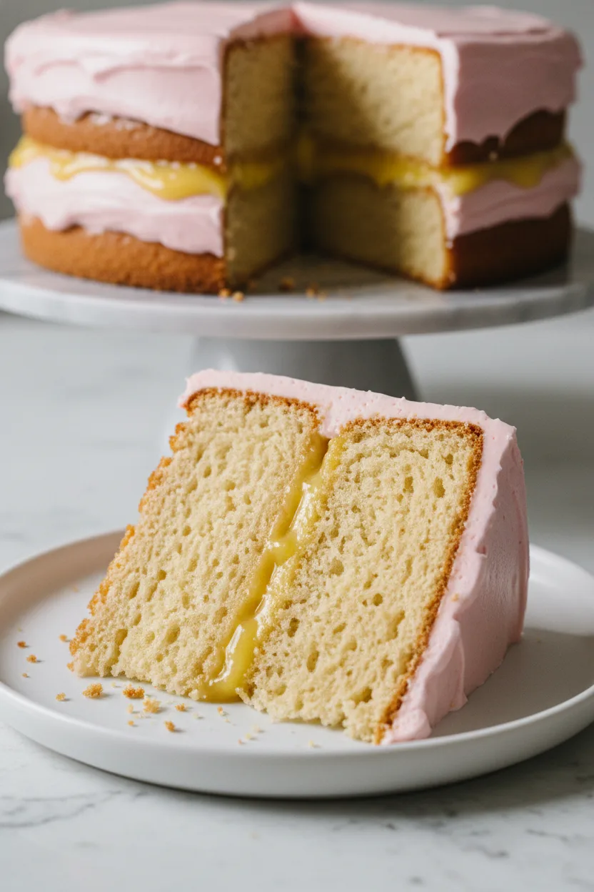 A slice of homemade Raspberry Lemonade Cake with visible layers of sponge and a creamy filling, resting on a white plate. The cake has a slightly coarse texture and a delicate crumb, with a pink frosting accent.