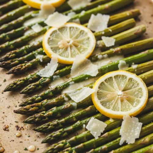 Roasted asparagus with lemon slices on a golden baking sheet. The asparagus spears are bundled together and some have browning and charring. Parmesan cheese is sprinkled on top.