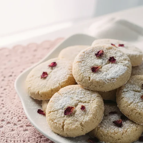 A pile of dry, crumbly rose petal shortbread cookies generously dusted with confectioners' sugar, scattered with delicate dried rose petals on a white ceramic plate.