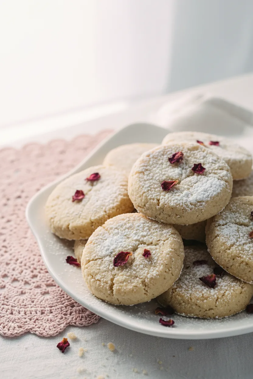 A pile of dry, crumbly rose petal shortbread cookies generously dusted with confectioners' sugar, scattered with delicate dried rose petals on a white ceramic plate.