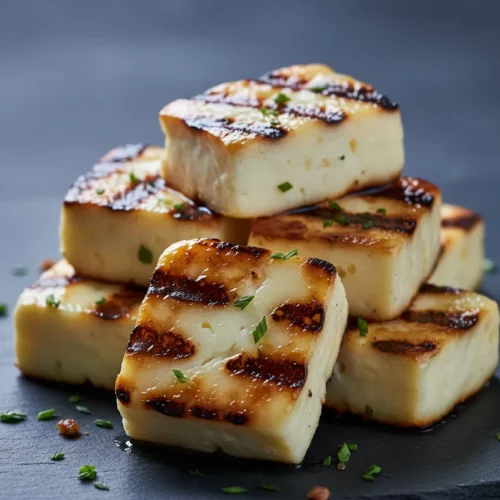 Close-up of perfectly grilled halloumi cheese cubes, a key component of a beef sausage and cheese strata, showcasing distinct grill marks, glossy texture, and scattered micro-herbs on a dark slate surface.