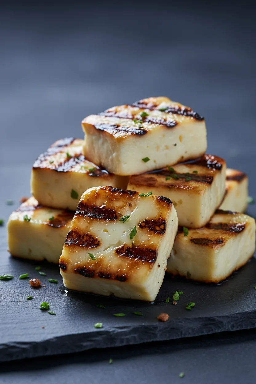 Close-up of perfectly grilled halloumi cheese cubes, a key component of a beef sausage and cheese strata, showcasing distinct grill marks, glossy texture, and scattered micro-herbs on a dark slate surface.