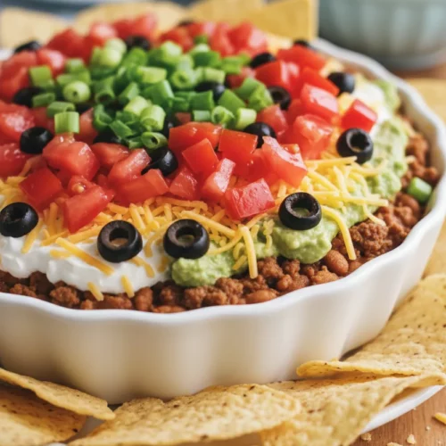 A vibrant seven-layer dip served in a white fluted dish, surrounded by golden tortilla chips on a warm wooden table. The dip features layers of diced tomatoes, shredded cheddar cheese, black olives, and chopped green onions. A stack of plates and a blue bowl are visible in the background.