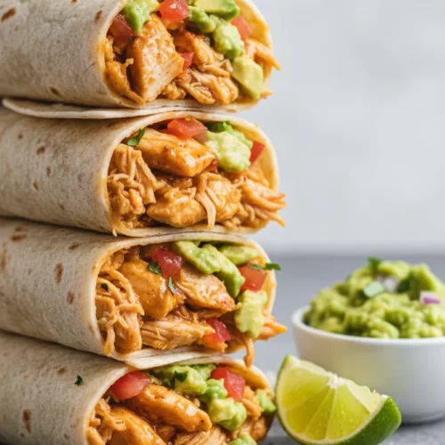A stack of shredded chicken burritos with diced tomatoes and smashed avocado. The burritos are wrapped in soft tortillas with visible flour dust. A lime wedge and small bowl of guacamole are placed on the side.