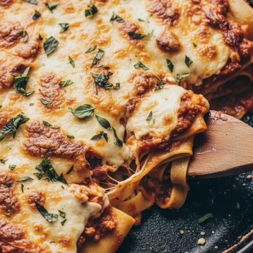 Overhead close-up of skillet lasagna with ground beef, showcasing melted cheese, al dente pasta, and visible sauce splatters in a dark cast-iron skillet.