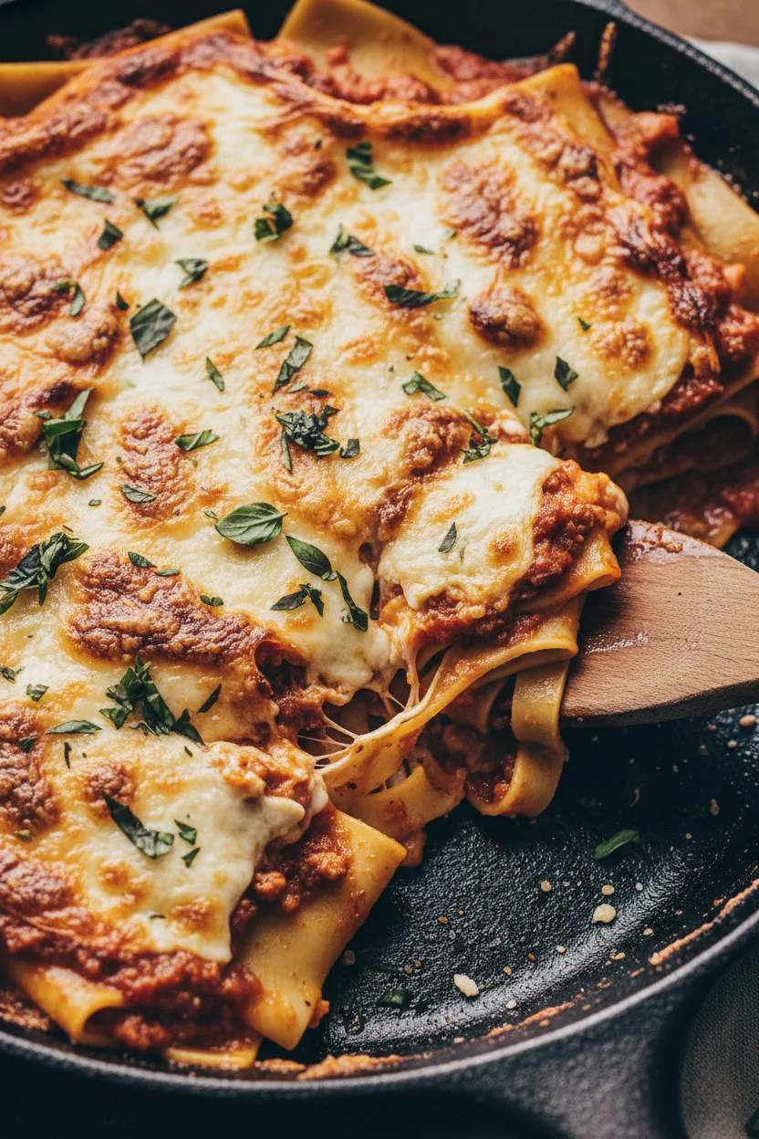 Overhead close-up of skillet lasagna with ground beef, showcasing melted cheese, al dente pasta, and visible sauce splatters in a dark cast-iron skillet.