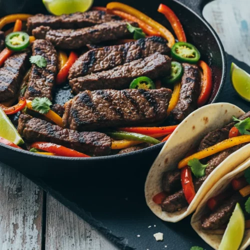Skirt steak fajitas sizzling in a cast iron skillet with bell peppers and jalapeños, garnished with cilantro and lime wedges. Tacos filled with the fajita mixture are served alongside.