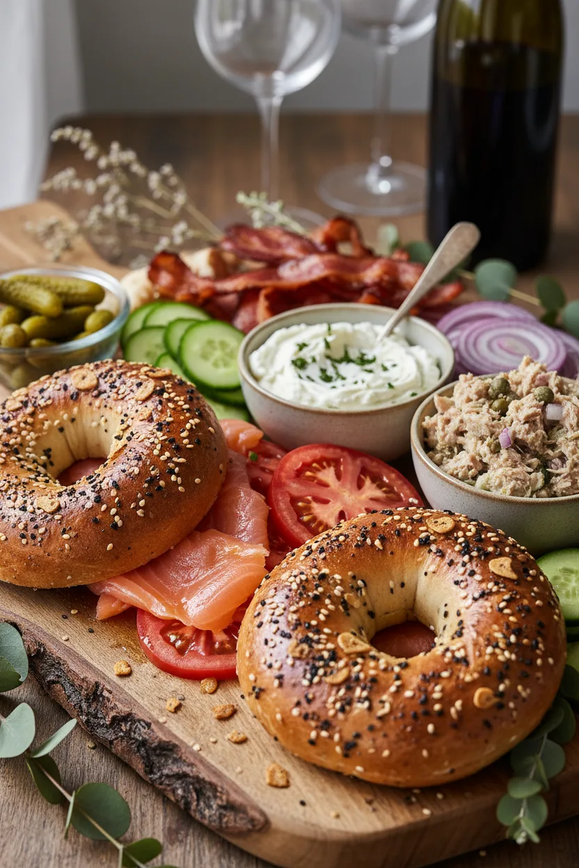 A beautifully arranged Smoked Salmon Bagel Platter featuring everything bagels with glossy toppings, thin translucent smoked salmon slices, lumpy cream cheese with herbs, chunky tuna salad, crispy bacon, sliced cucumbers, red onions, and tomatoes, served with cornichons and wine on a rustic wooden board.