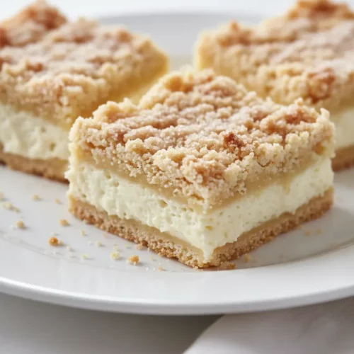 Three sopapilla cheesecake squares with a crumbly topping, arranged on a white plate with a white linen napkin in the corner.