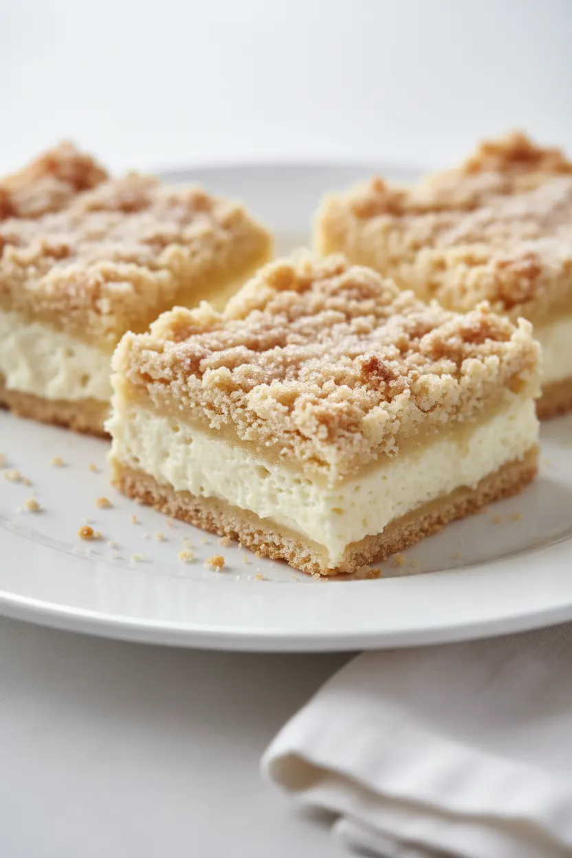 Three sopapilla cheesecake squares with a crumbly topping, arranged on a white plate with a white linen napkin in the corner.