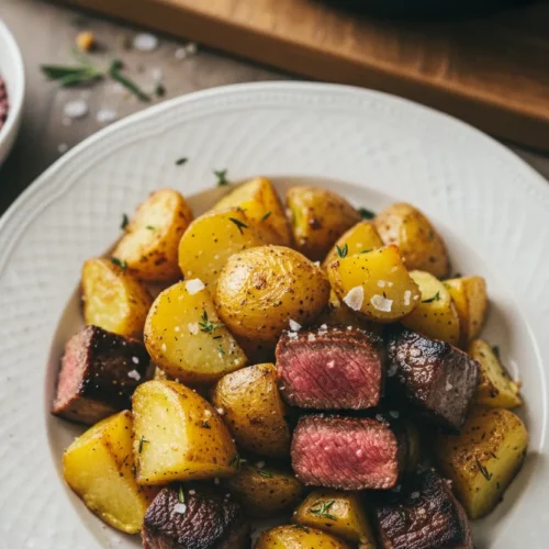Top-down shot of a steak and potato skillet featuring bite-sized steak and potato chunks with a caramelized crust, garnished with herbs and sea salt. The steak cubes are seared with a moist, medium-rare interior. A silver fork and wooden cutting board are visible.