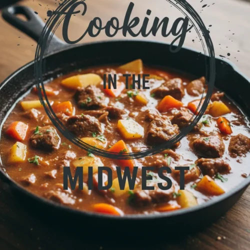 Monochromatic graphic logo for 'Cooking in the Midwest', featuring 'Cooking' in a script font above 'IN THE' and 'MIDWEST' in bold sans-serif, all within a circular brush-stroke frame with ink splatters. This logo represents the 'Sticky Honey Garlic Chicken' brand.