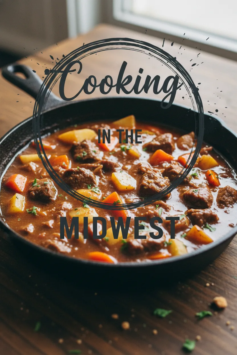 Monochromatic graphic logo for 'Cooking in the Midwest', featuring 'Cooking' in a script font above 'IN THE' and 'MIDWEST' in bold sans-serif, all within a circular brush-stroke frame with ink splatters. This logo represents the 'Sticky Honey Garlic Chicken' brand.