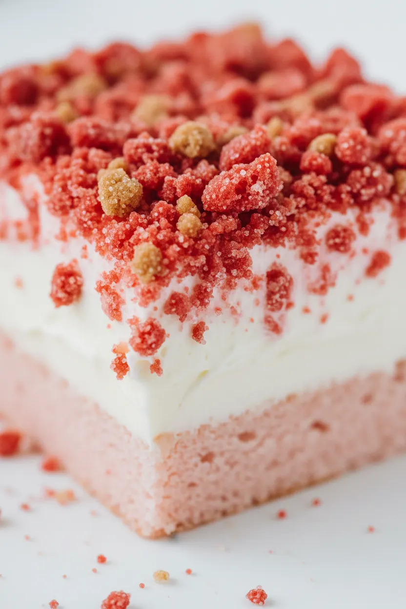 A slice of strawberry crunch cake featuring a sandy, crumbly topping of red and golden-brown sugary pieces over a white creamy layer and a light pink cake base.