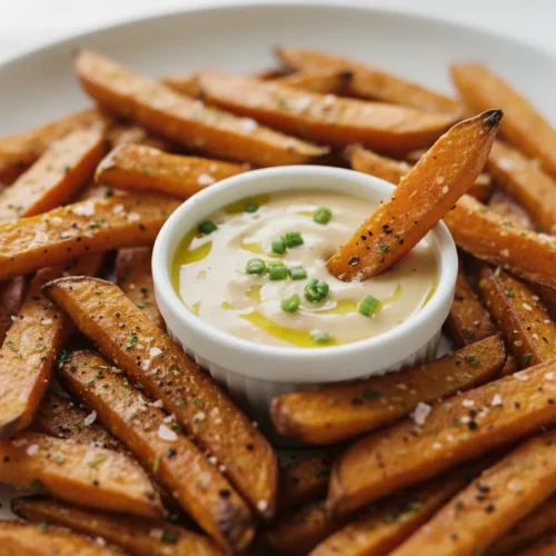 Close-up of sweet potato wedges, some sprinkled with herbs and spices, with one wedge being dipped into a creamy white dipping sauce drizzled with yellow oil and chives, all presented on a white surface.
