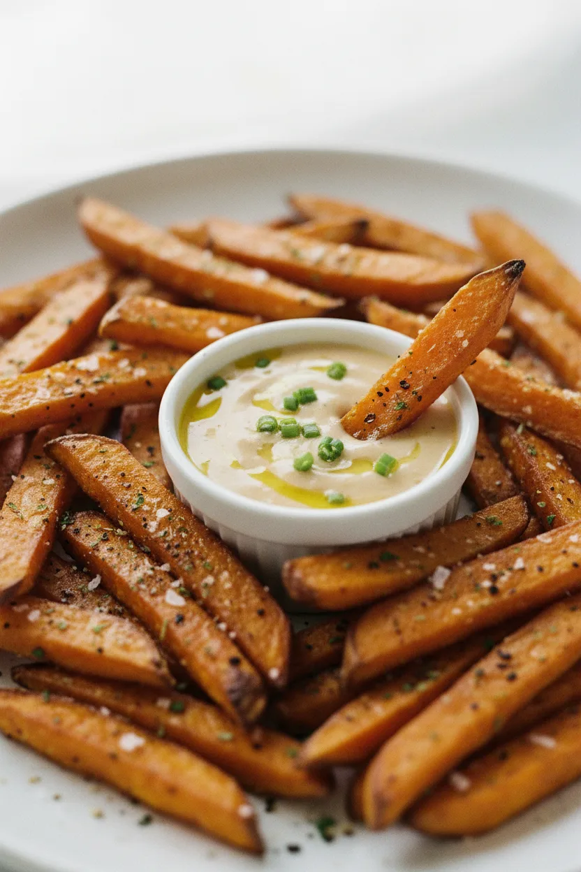 Close-up of sweet potato wedges, some sprinkled with herbs and spices, with one wedge being dipped into a creamy white dipping sauce drizzled with yellow oil and chives, all presented on a white surface.