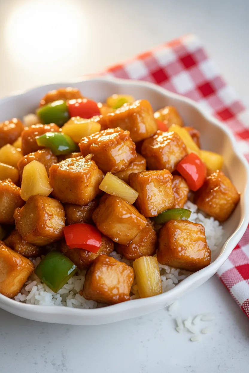 Glistening sweet and sour chicken cubes in honey-colored sauce, mixed with pineapple and bell peppers, served on white rice in a scalloped bowl, with a red and white checkered napkin.