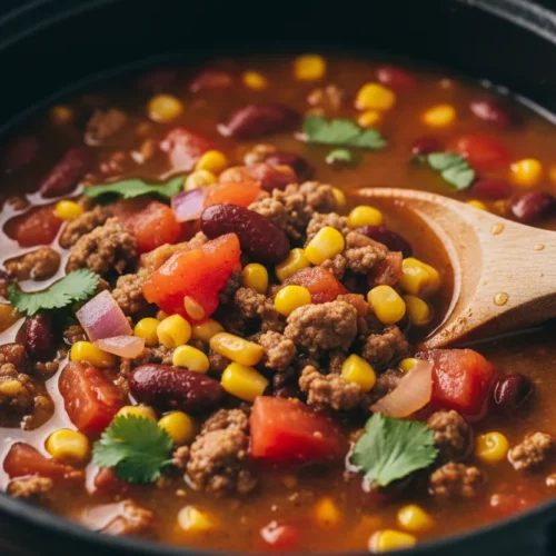 Close-up of a vibrant and textured taco soup in a dark pot, showcasing diced tomatoes, corn, ground meat, kidney beans, red onions, and cilantro. A wooden spoon with water droplets is partially submerged in the soup. This is a Taco Soup (Crockpot).