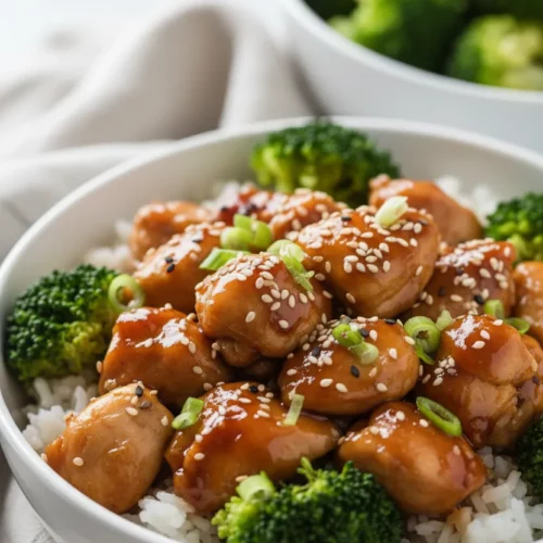 A teriyaki chicken bowl featuring glistening chicken pieces with dark amber sauce, scattered sesame seeds, vibrant green broccoli florets, and white rice in a white ceramic bowl. Chopped green scallions garnish the chicken.