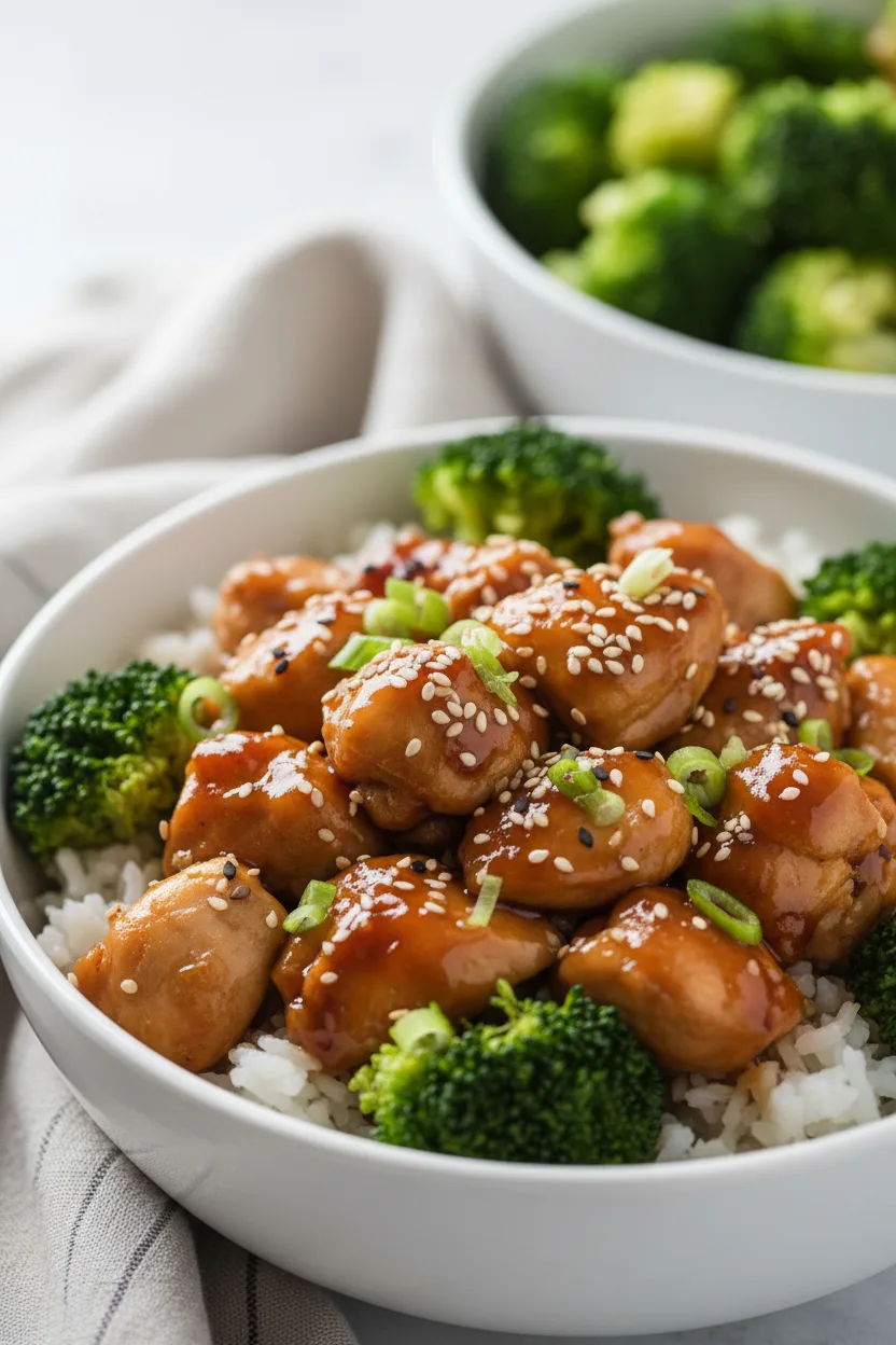 A teriyaki chicken bowl featuring glistening chicken pieces with dark amber sauce, scattered sesame seeds, vibrant green broccoli florets, and white rice in a white ceramic bowl. Chopped green scallions garnish the chicken.