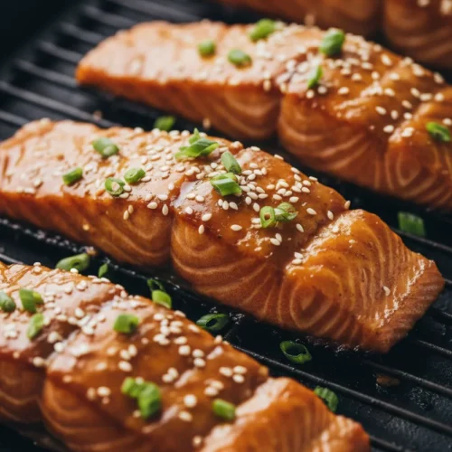 Close-up shot of cooked teriyaki salmon fillets with a glossy, thick glaze, sprinkled with white sesame seeds and chopped green onions. The flaky salmon shows distinct muscle fibers and a slight char on the edges, presented in a slightly moody, warm-toned food photography style.