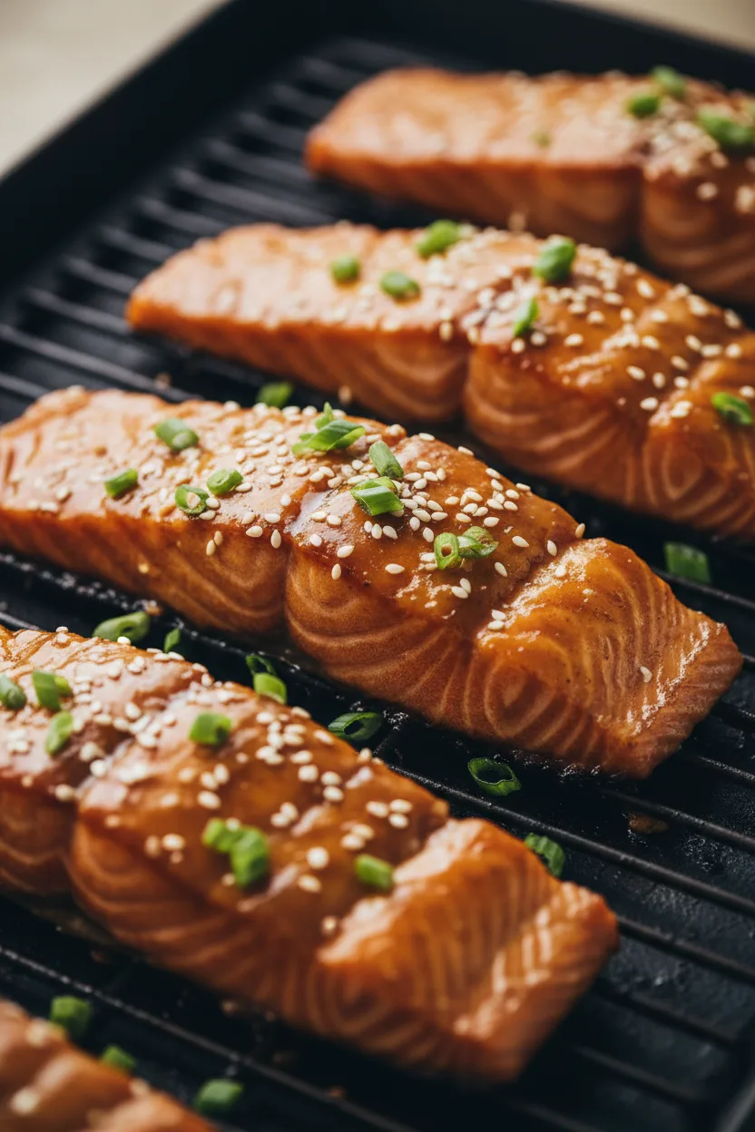 Close-up shot of cooked teriyaki salmon fillets with a glossy, thick glaze, sprinkled with white sesame seeds and chopped green onions. The flaky salmon shows distinct muscle fibers and a slight char on the edges, presented in a slightly moody, warm-toned food photography style.