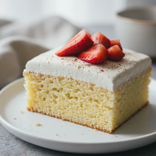 A slice of authentic Tres Leches cake on a white plate, topped with a sliced strawberry and a dusting of cinnamon. The cake is visibly moist with a fluffy frosting.