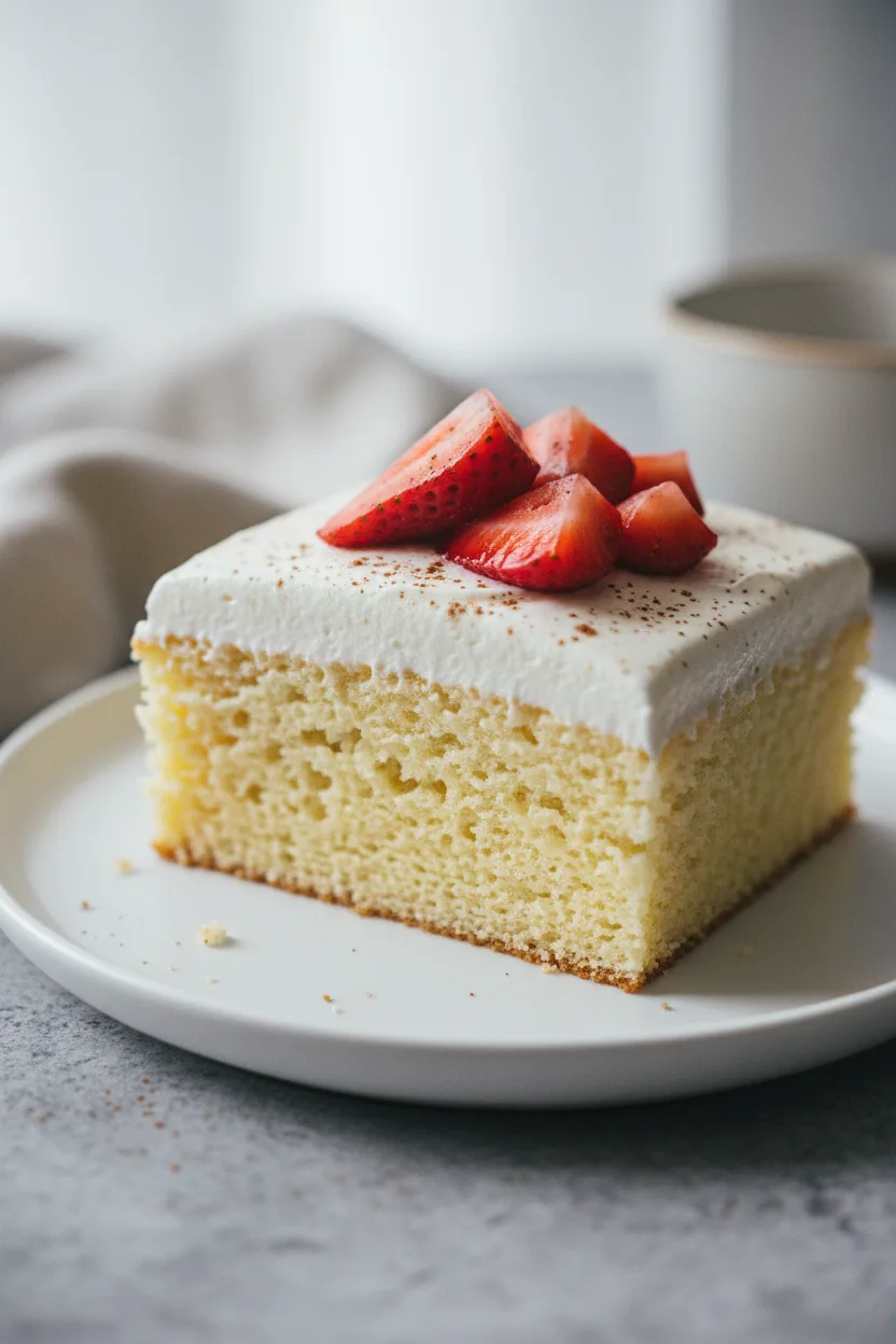 A slice of authentic Tres Leches cake on a white plate, topped with a sliced strawberry and a dusting of cinnamon. The cake is visibly moist with a fluffy frosting.