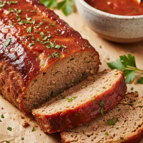 A close-up, editorial-style shot of a sliced turkey meatloaf with a glistening tomato-based glaze, garnished with fresh parsley. The texture of the meatloaf interior is visible, showing fine grains and seasoning flecks. The dish is presented on parchment paper with a side of sauce.