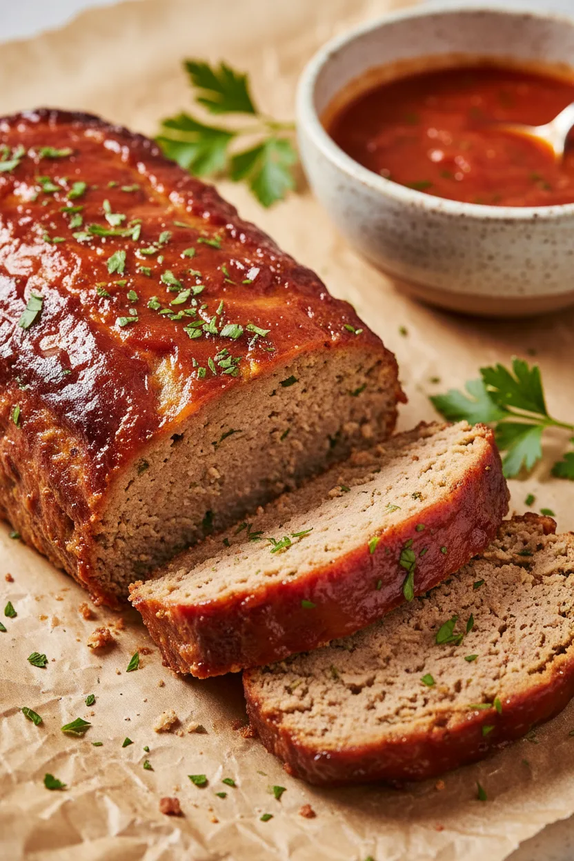 A close-up, editorial-style shot of a sliced turkey meatloaf with a glistening tomato-based glaze, garnished with fresh parsley. The texture of the meatloaf interior is visible, showing fine grains and seasoning flecks. The dish is presented on parchment paper with a side of sauce.