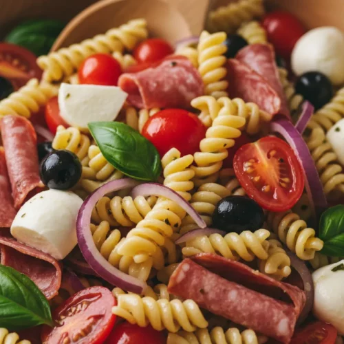 Italian pasta salad featuring fusilli pasta, cherry tomatoes, black olives, mozzarella, salami, red onion, and fresh basil in a wooden bowl, coated with a light oil-based dressing. This is the ultimate pasta salad recipe.