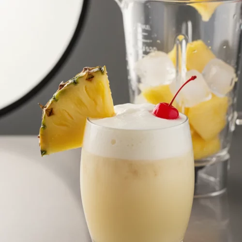 A creamy Virgin Pina Colada in a modern glass, garnished with a slice of pineapple and a bright red maraschino cherry. The drink has a frothy white top and sits on a neutral gray surface. In the background, a blender filled with ice and fresh pineapple chunks suggests the drink's fresh ingredients.