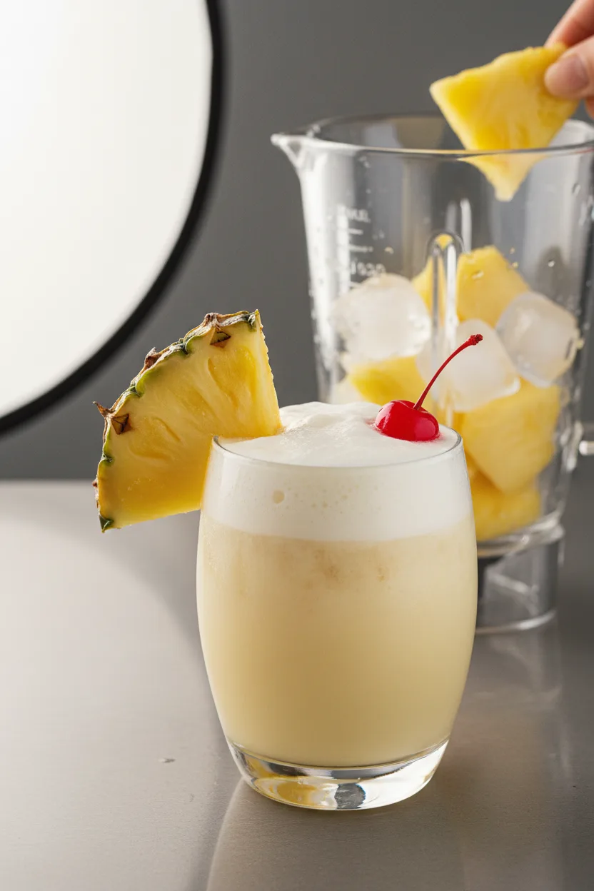 A creamy Virgin Pina Colada in a modern glass, garnished with a slice of pineapple and a bright red maraschino cherry. The drink has a frothy white top and sits on a neutral gray surface. In the background, a blender filled with ice and fresh pineapple chunks suggests the drink's fresh ingredients.