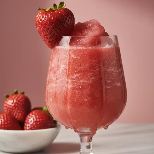 A virgin strawberry daiquiri slush in a stemmed glass, garnished with a fresh strawberry, set against a pink background.