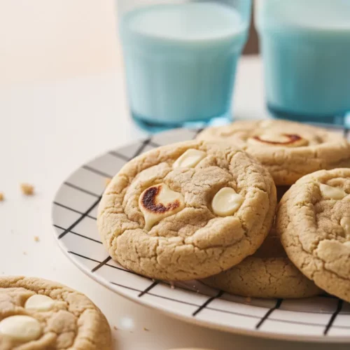 A bright, high-key photograph of white chocolate macadamia cookies clustered on a white plate with a black grid pattern. The cookies are slightly uneven in shape, with visible melted white chocolate and slightly burnt edges. Two light blue glasses, seemingly filled with milk, are blurred in the background.